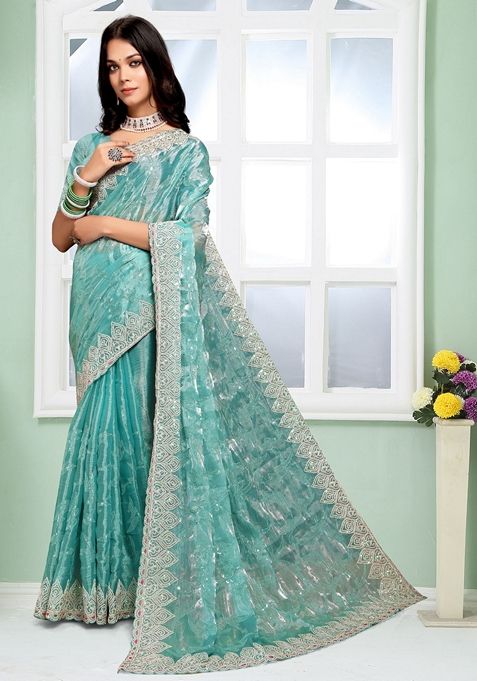 Dusty Blue Sequin Embroidered Jimmy Choo Silk Saree Set