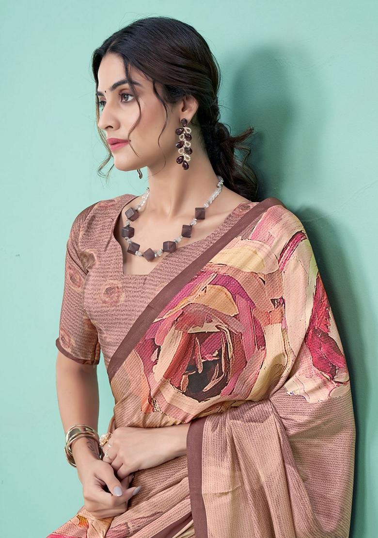 Brown Digital Print Crepe Soft Silk Saree Set