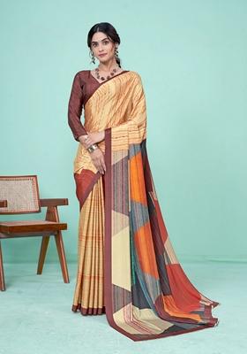 Yellow Digital Print Crepe Soft Silk Saree Set