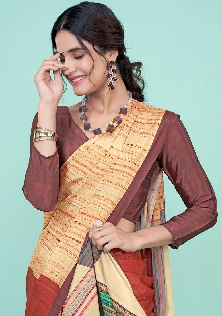 Yellow Digital Print Crepe Soft Silk Saree Set