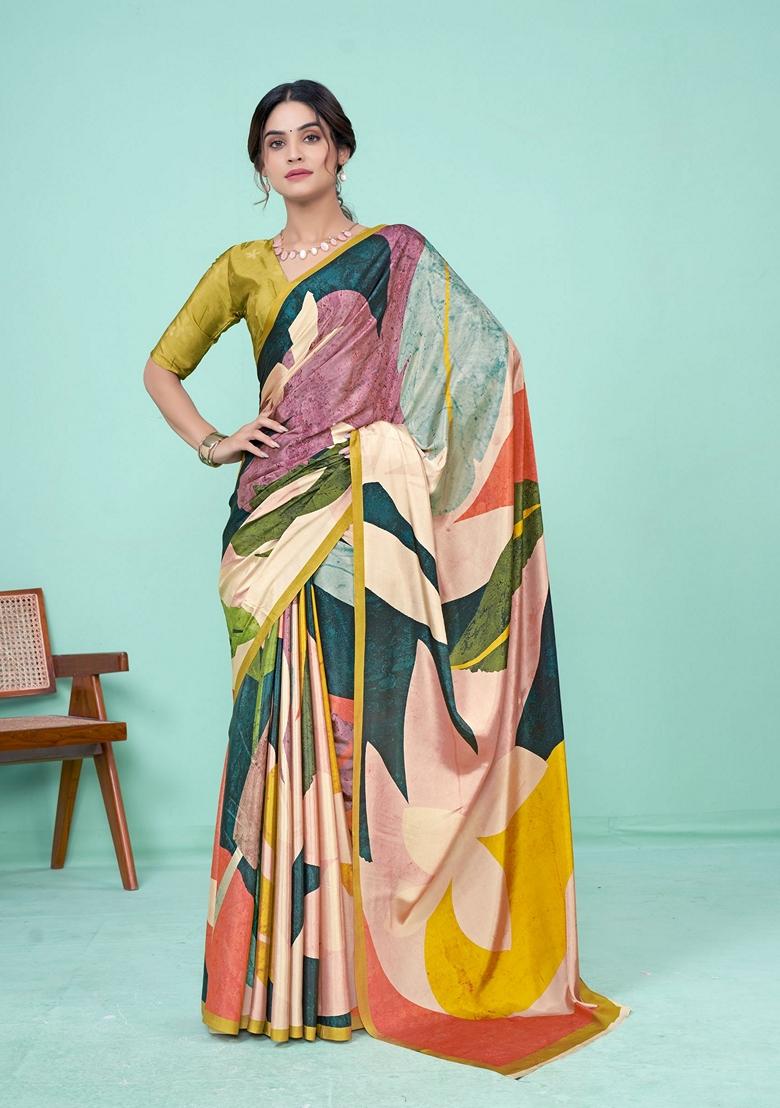Multicolor Digital Print Crepe Soft Silk Saree Set