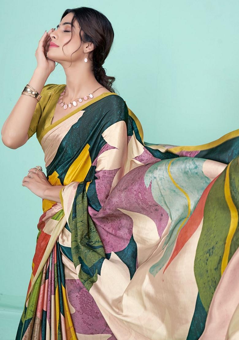 Multicolor Digital Print Crepe Soft Silk Saree Set