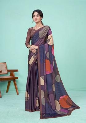 Dark Purple Digital Print Crepe Soft Silk Saree Set