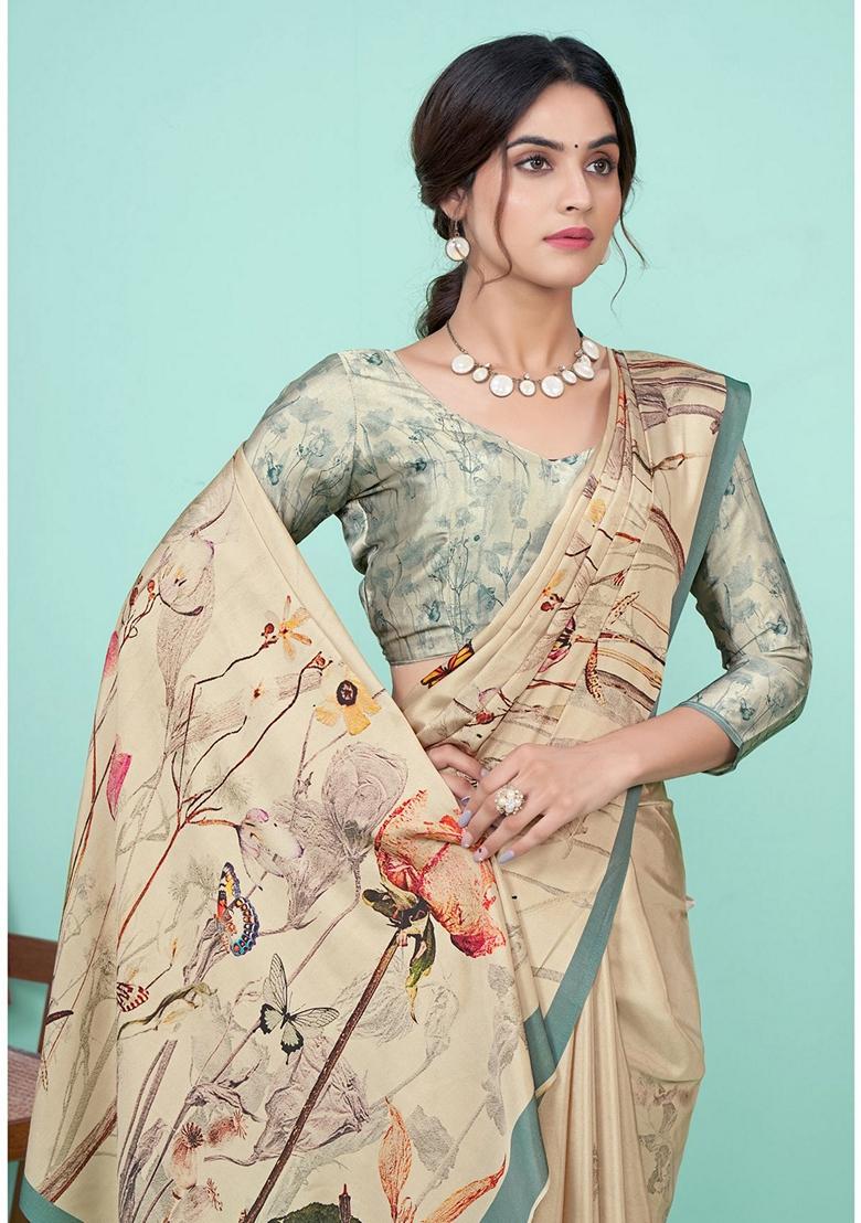 Cream Digital Print Crepe Soft Silk Saree Set