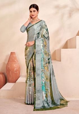 Multicolor Digital Print Crepe Soft Silk Blend Saree Set