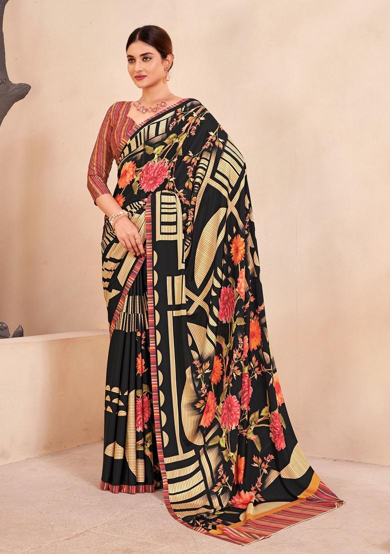 Black Digital Print Crepe Soft Silk Saree Set