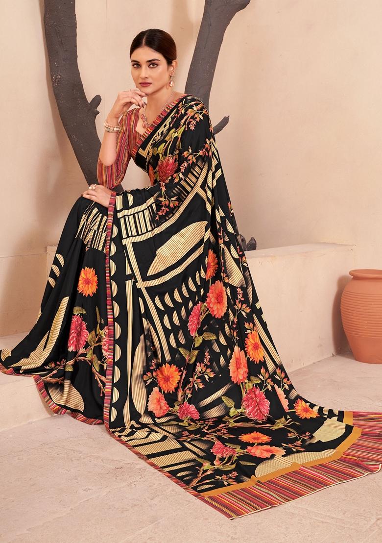 Black Digital Print Crepe Soft Silk Saree Set