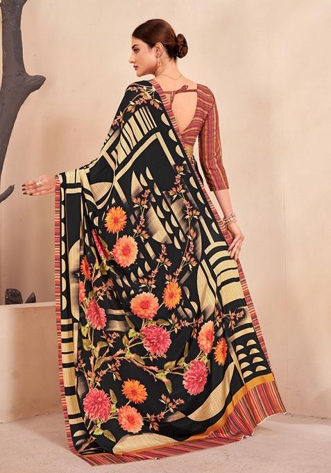 Black Digital Print Crepe Soft Silk Saree Set