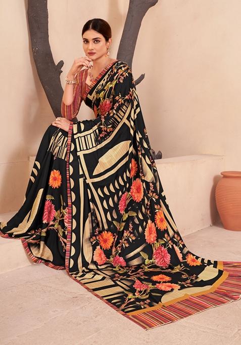 Black Digital Print Crepe Soft Silk Saree Set