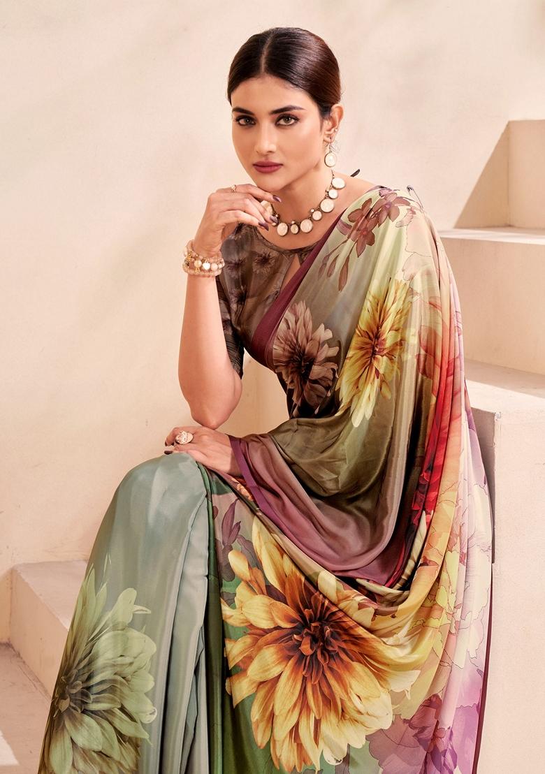 Multicolor Digital Print Crepe Soft Silk Saree Set