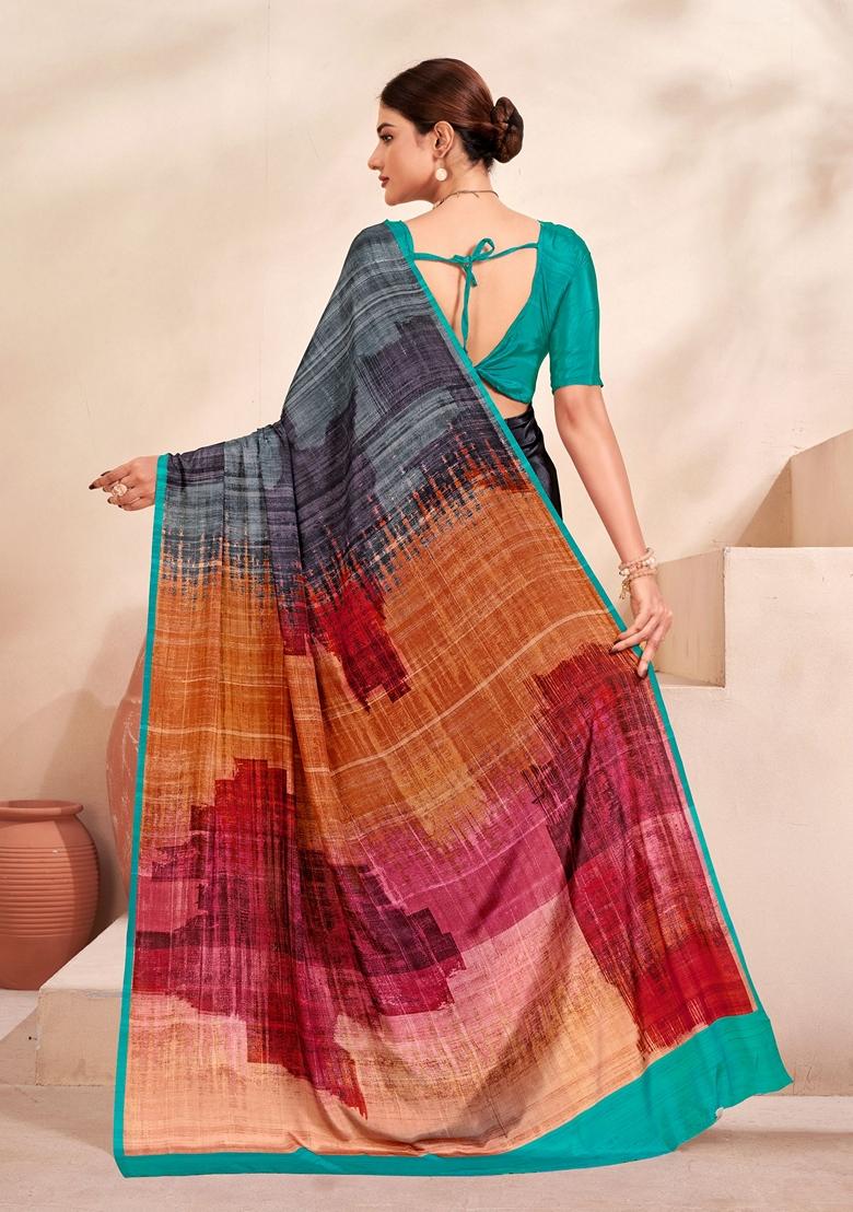 Multicolor Digital Print Crepe Soft Silk Saree Set