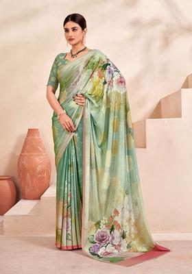 Aqua Green Digital Print Crepe Soft Silk Saree Set