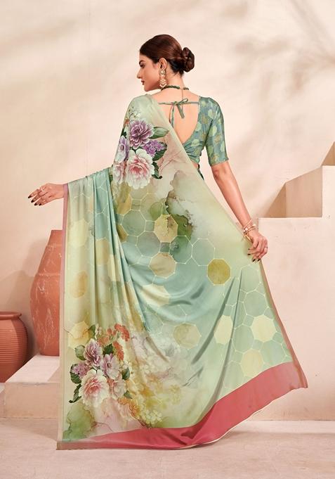 Aqua Green Digital Print Crepe Soft Silk Saree Set