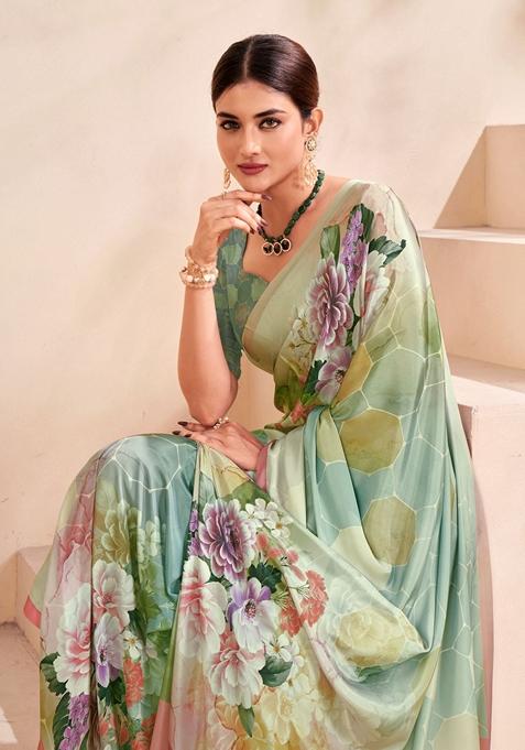 Aqua Green Digital Print Crepe Soft Silk Saree Set