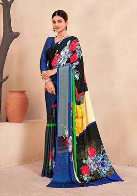 Blue Digital Print Crepe Soft Silk Saree Set