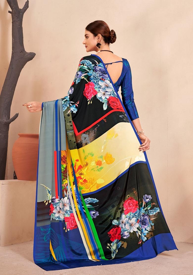 Blue Digital Print Crepe Soft Silk Saree Set
