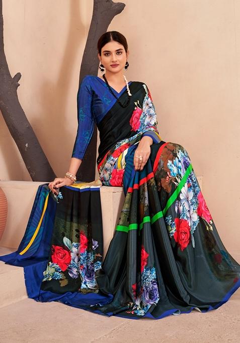 Blue Digital Print Crepe Soft Silk Saree Set