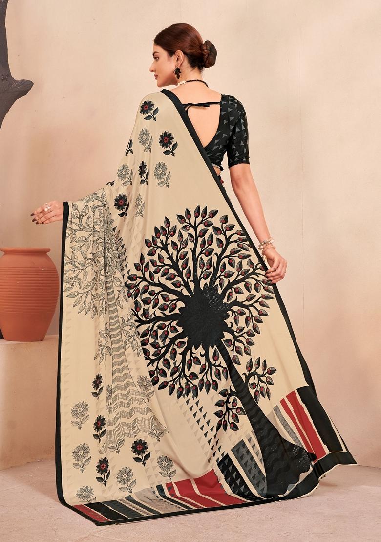 Black And Cream Digital Print Crepe Soft Silk Saree Set