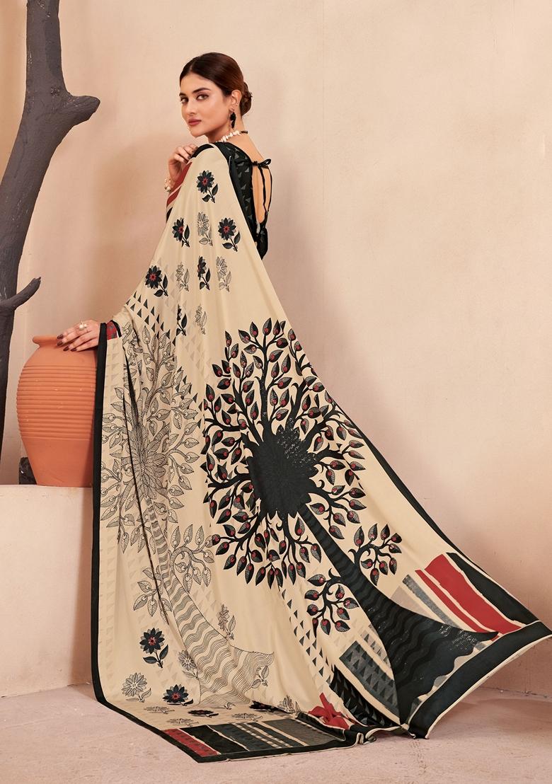 Black And Cream Digital Print Crepe Soft Silk Saree Set