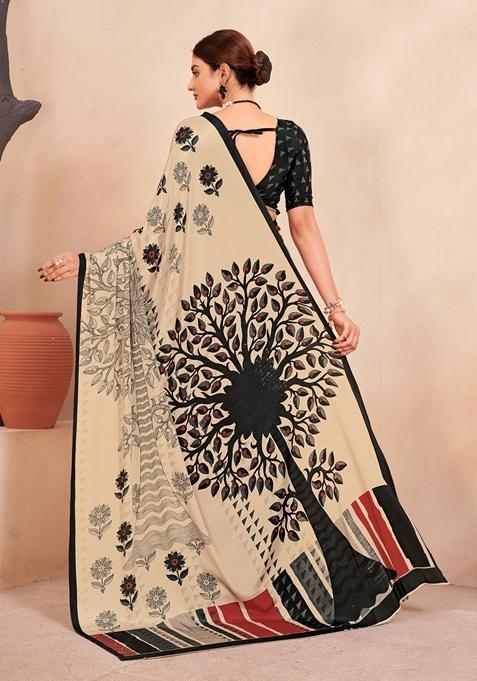 Black And Cream Digital Print Crepe Soft Silk Saree Set