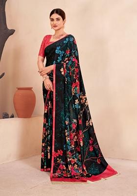 Multicolor Digital Print Crepe Soft Silk Blend Saree Set