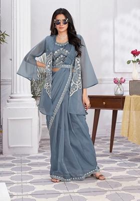 Grey Sequin Embroidered Pure Organza Saree Set