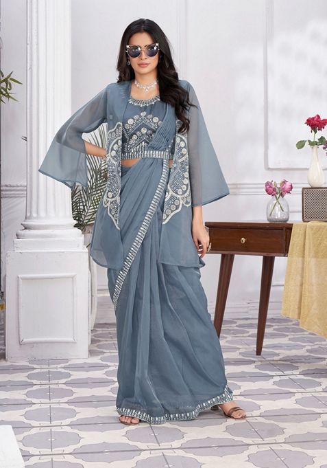 Grey Sequin Embroidered Pure Organza Saree Set