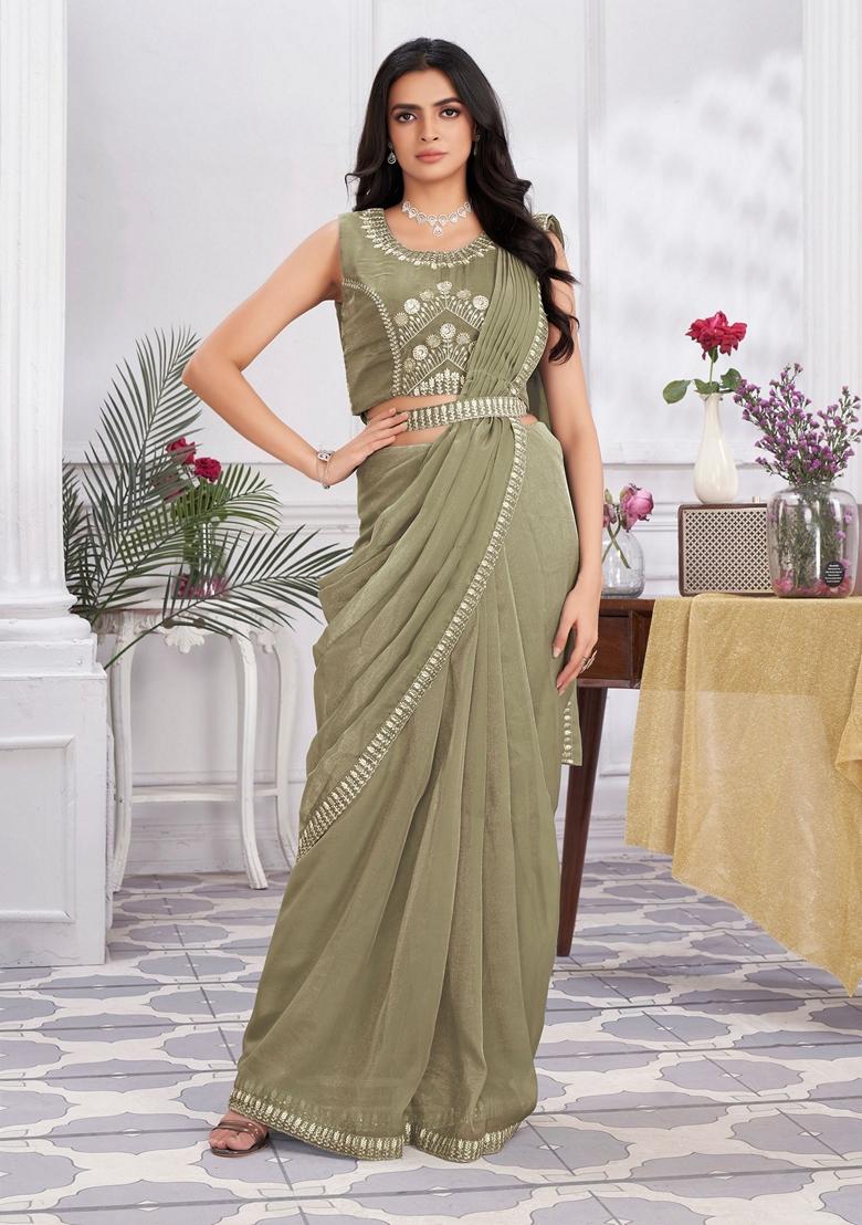 Khaki Sequin Embroidered Pure Organza Saree Set
