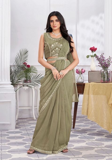 Khaki Sequin Embroidered Pure Organza Saree Set