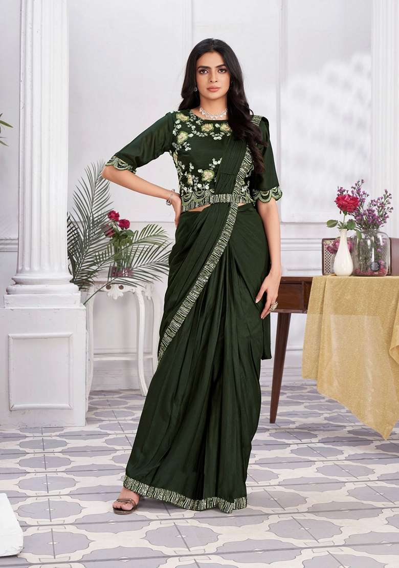 Olive Shimmer Georgette Saree Set with Embroidered & Sequin for Diwali | Wedding & Festive Wear - Indya