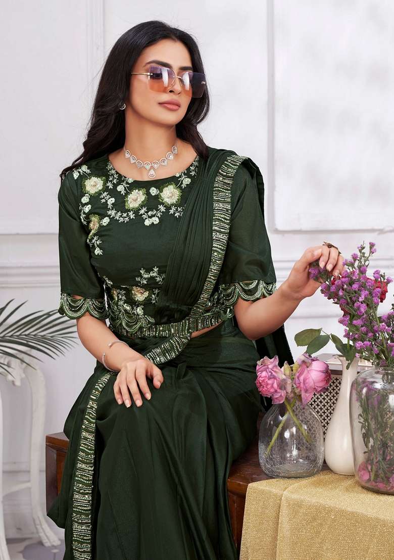 Olive Shimmer Georgette Saree Set with Embroidered & Sequin for Diwali | Wedding & Festive Wear - Indya