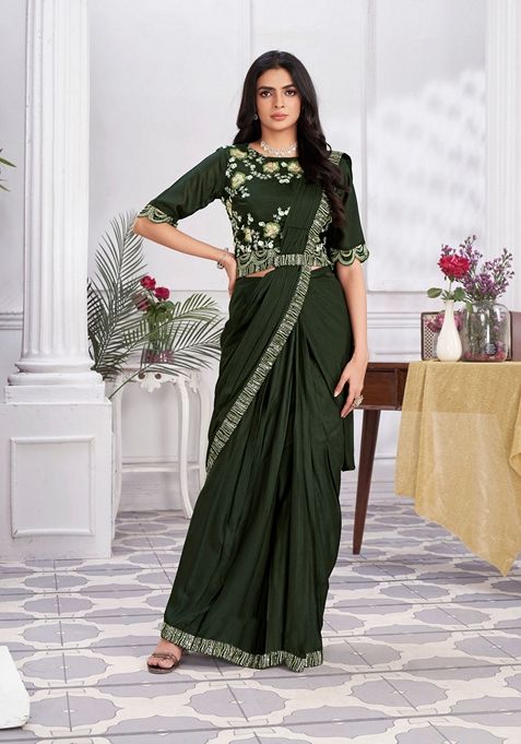 Olive Sequin Embroidered Shimmer Georgette Saree Set