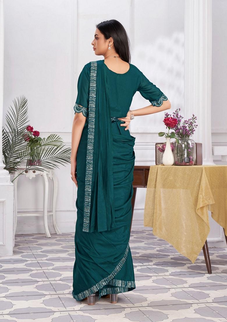 Turquoise Blue Sequin Embroidered Shimmer Georgette Saree Set