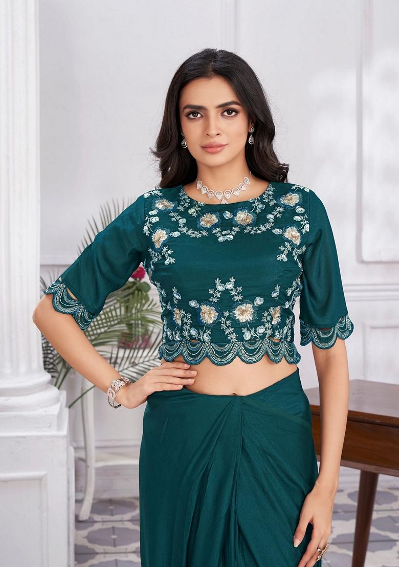 Turquoise Blue Sequin Embroidered Shimmer Georgette Saree Set