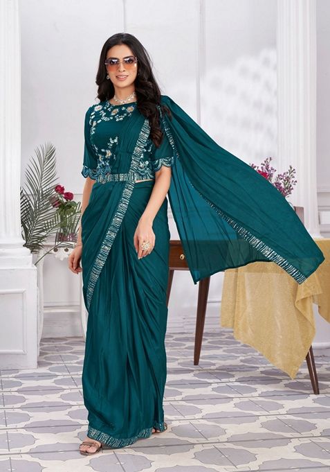 Turquoise Blue Sequin Embroidered Shimmer Georgette Saree Set