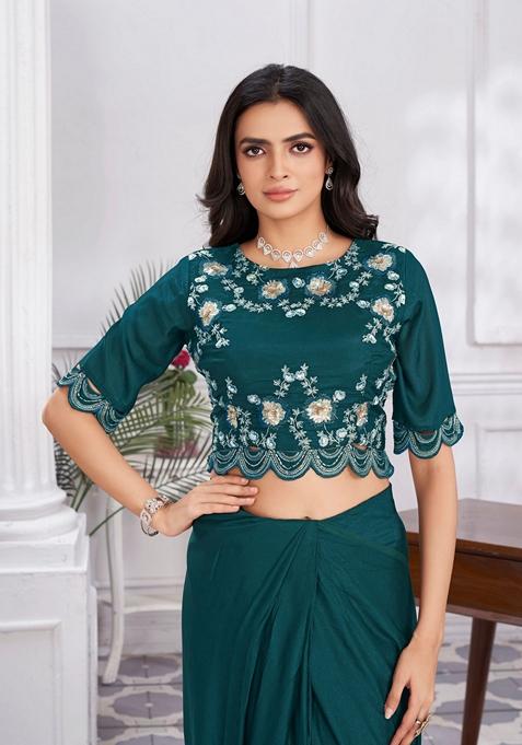 Turquoise Blue Sequin Embroidered Shimmer Georgette Saree Set