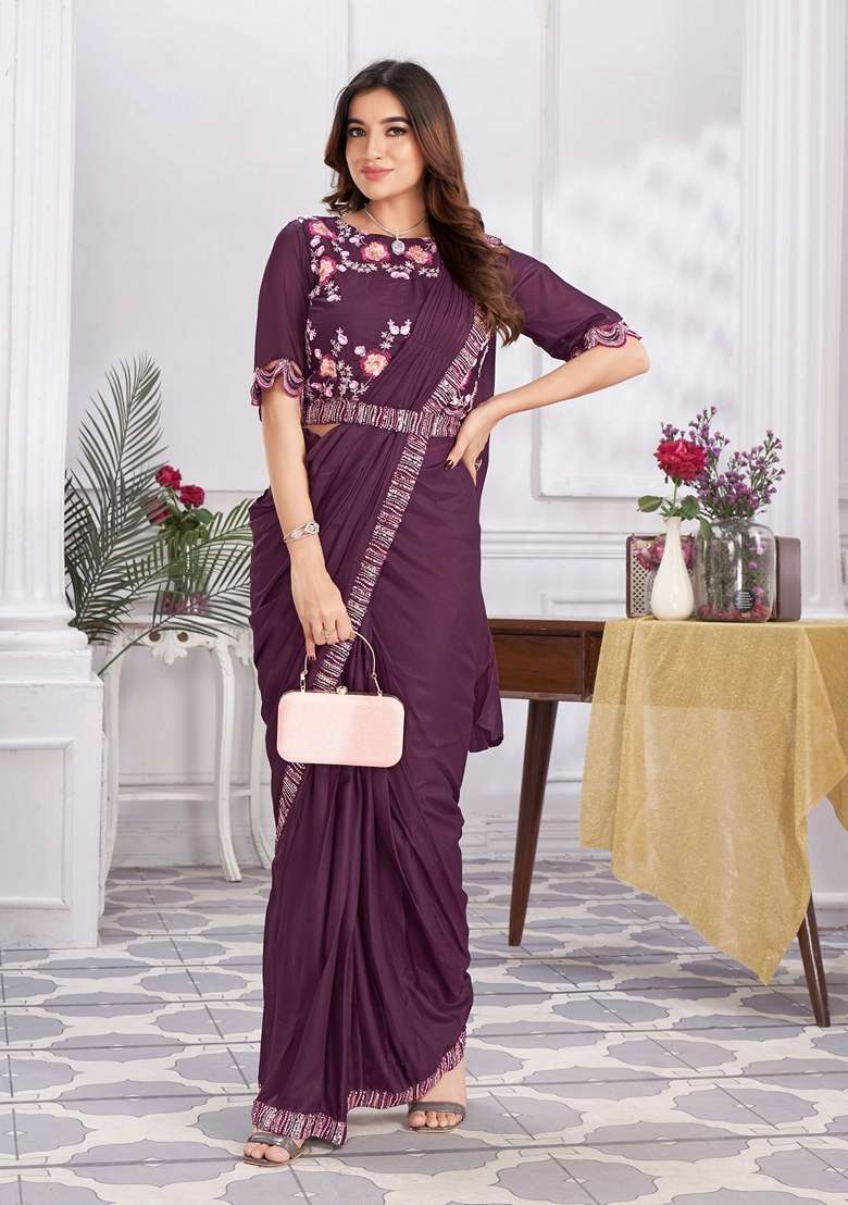 Wine Sequin Embroidered Shimmer Georgette Saree Set for Diwali and Festive Wear - Indya