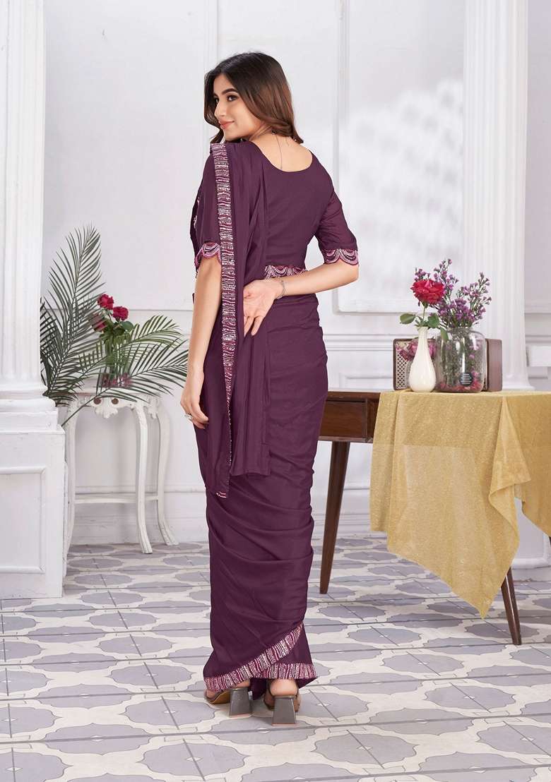 Wine Sequin Embroidered Shimmer Georgette Saree Set for Diwali and Festive Wear - Indya