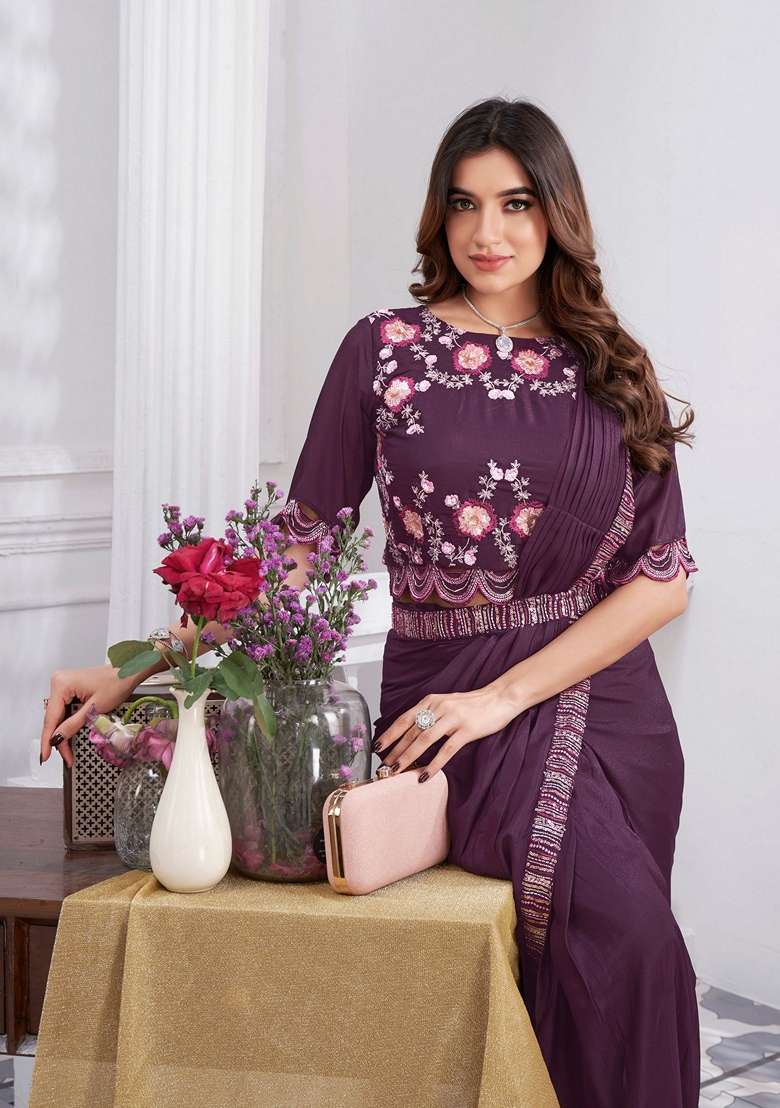 Wine Sequin Embroidered Shimmer Georgette Saree Set for Diwali and Festive Wear - Indya