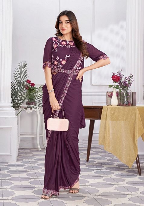 Wine Sequin Embroidered Shimmer Georgette Saree Set