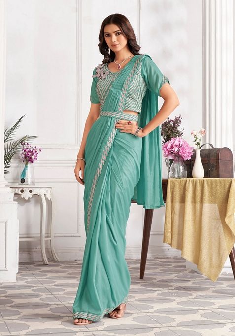 Aqua Green Sequin Embroidered Satin Silk Saree Set