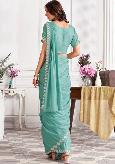 Aqua Green Sequin Embroidered Satin Silk Saree Set