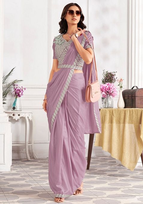 Mauve Sequin Embroidered Satin Silk Saree Set