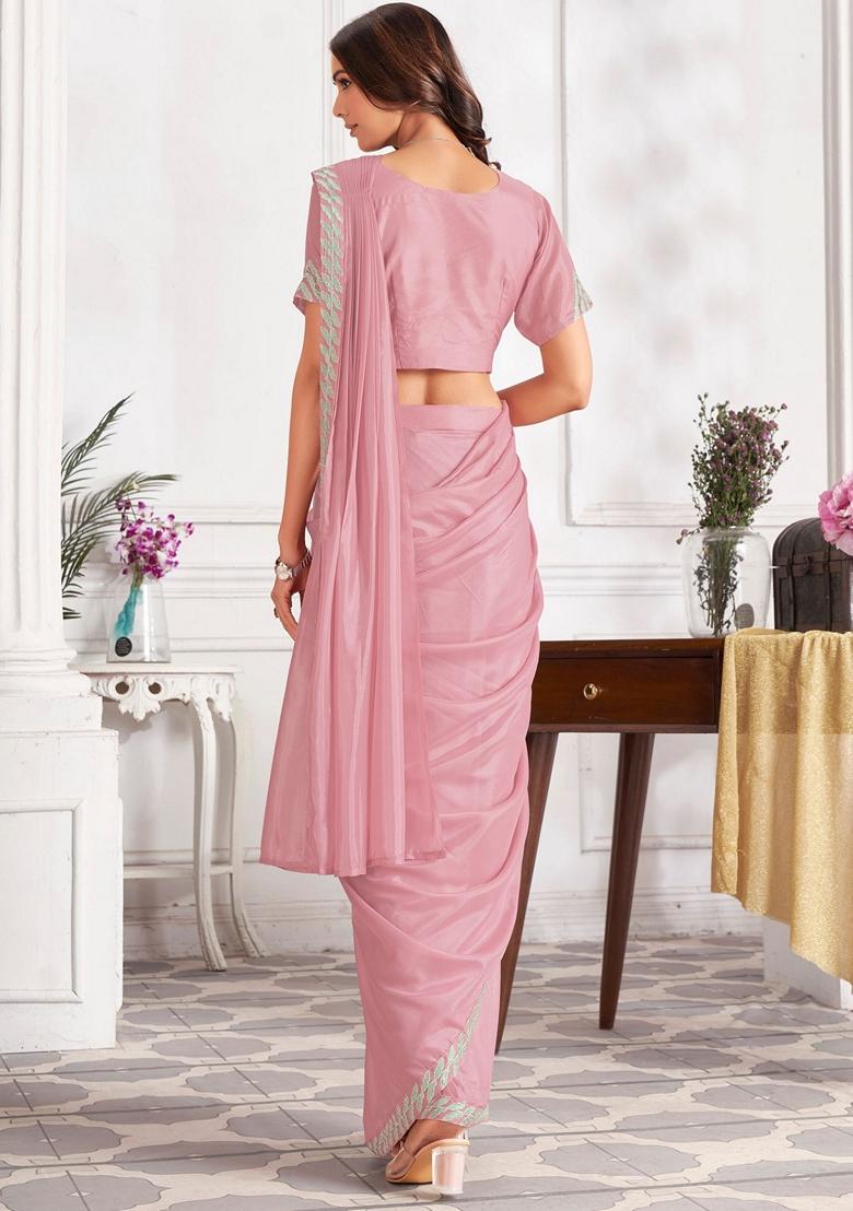 Pink Sequin Embroidered Satin Silk Saree Set