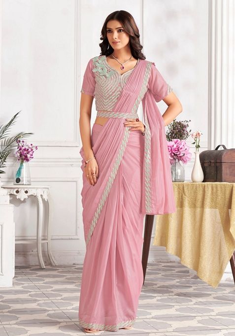 Pink Sequin Embroidered Satin Silk Saree Set