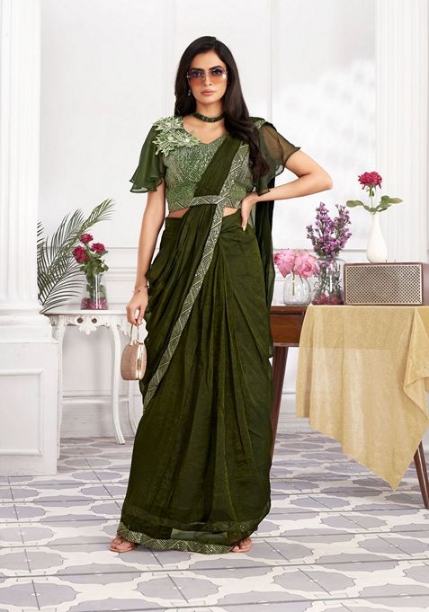 Olive Sequin Embroidered Shimmer Georgette Saree Set