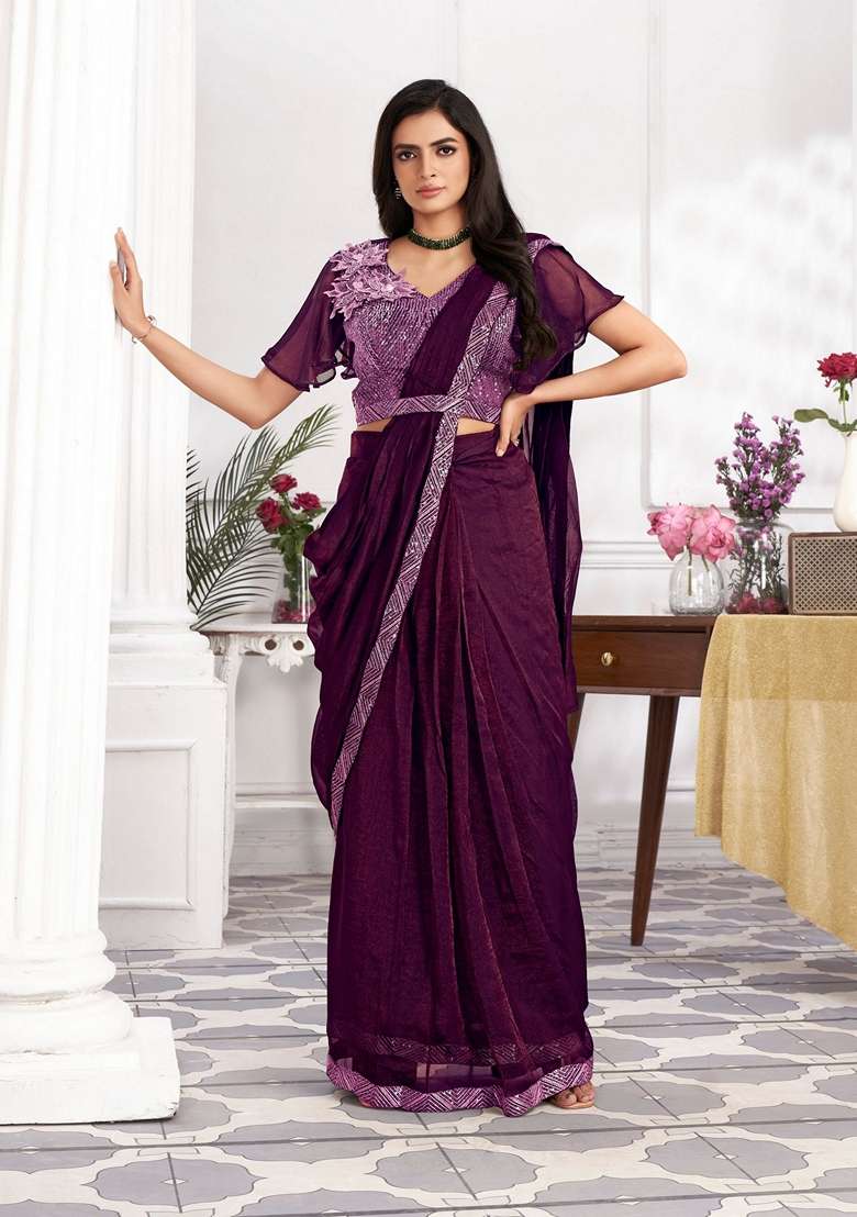 Wine Sequin Embroidered Shimmer Georgette Saree Set - Indya