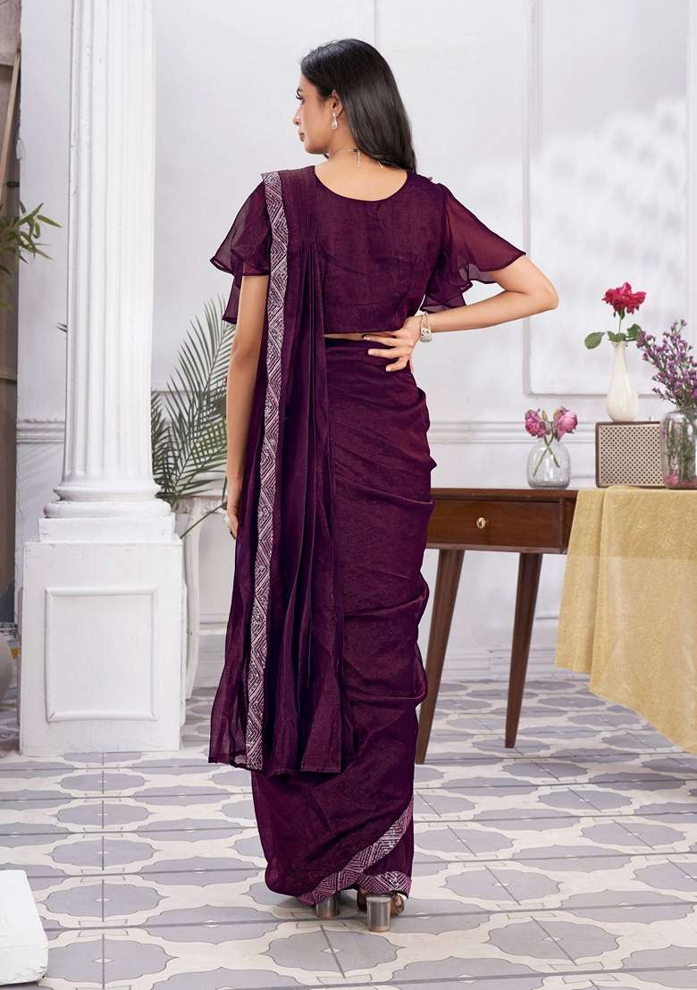 Wine Sequin Embroidered Shimmer Georgette Saree Set - Indya