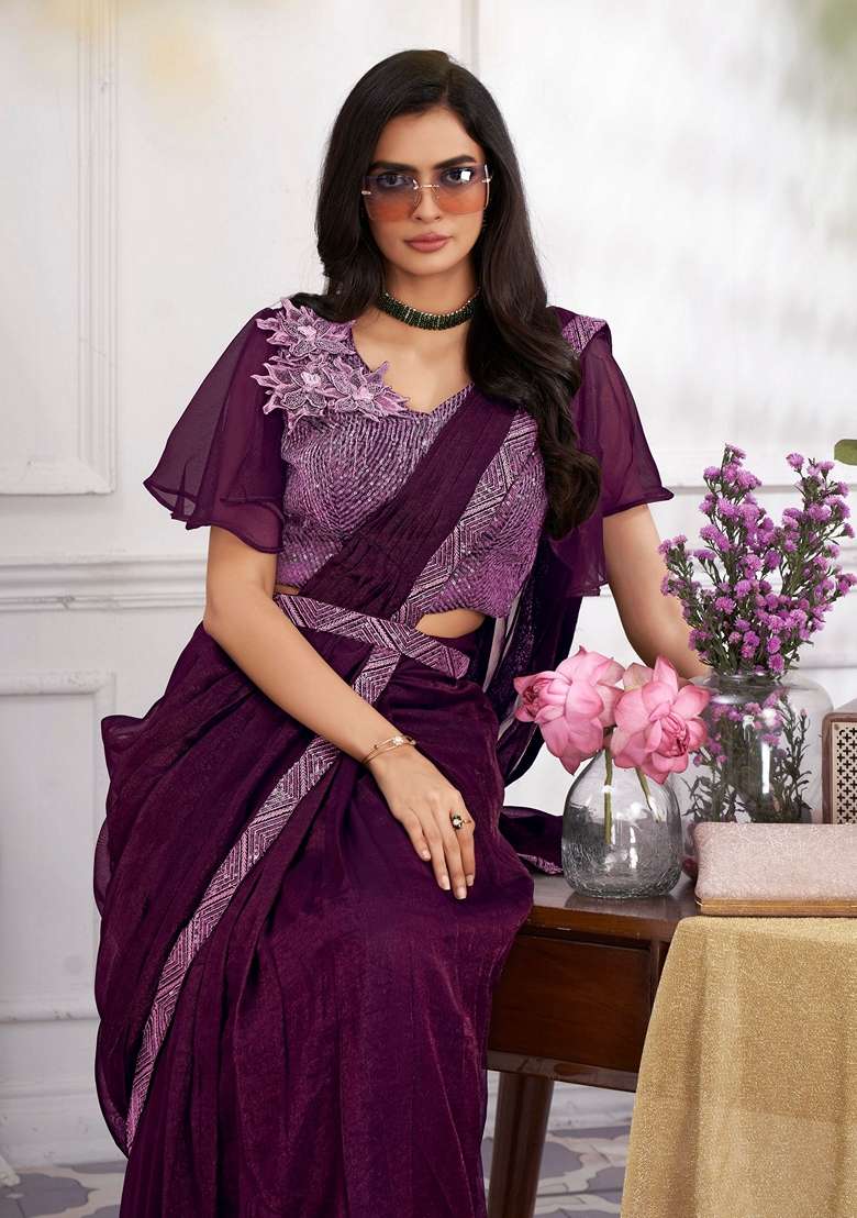 Wine Sequin Embroidered Shimmer Georgette Saree Set - Indya