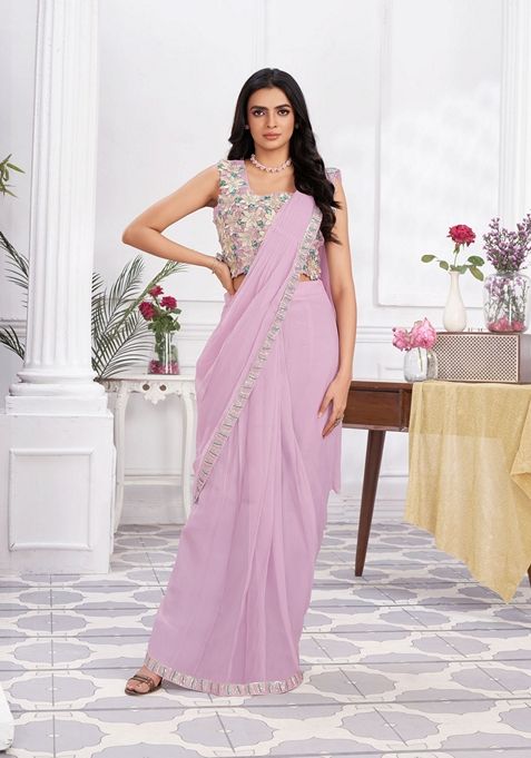 Mauve Sequin Embroidered Shimmer Georgette Saree Set